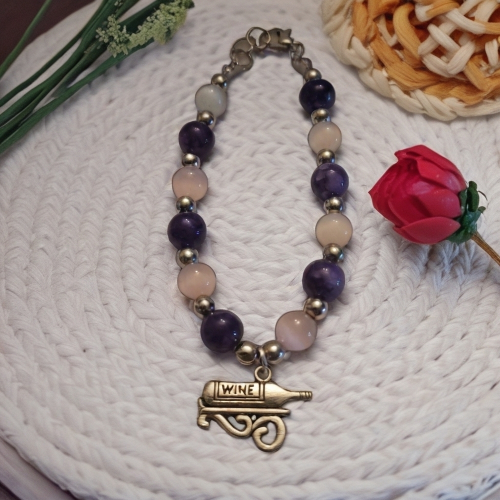 Purple and Silver Beaded Bracelet with Wine Charm